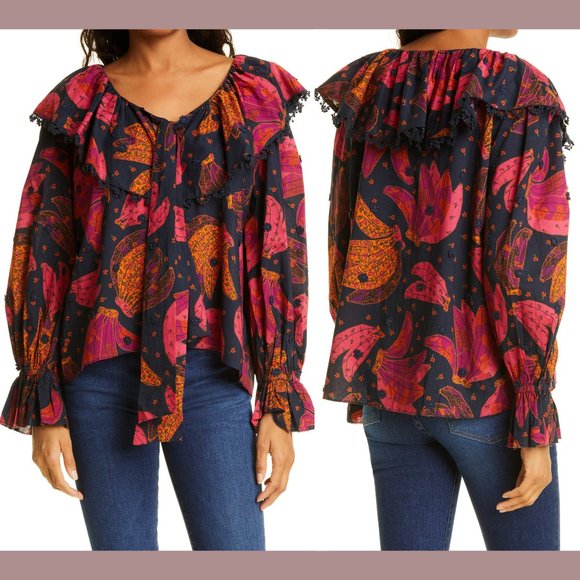 NWT Farm Rio [ Small ] Patchwork Bananas Ruffle Long Sleeve Blouse in Blue‎ - Picture 2 of 13